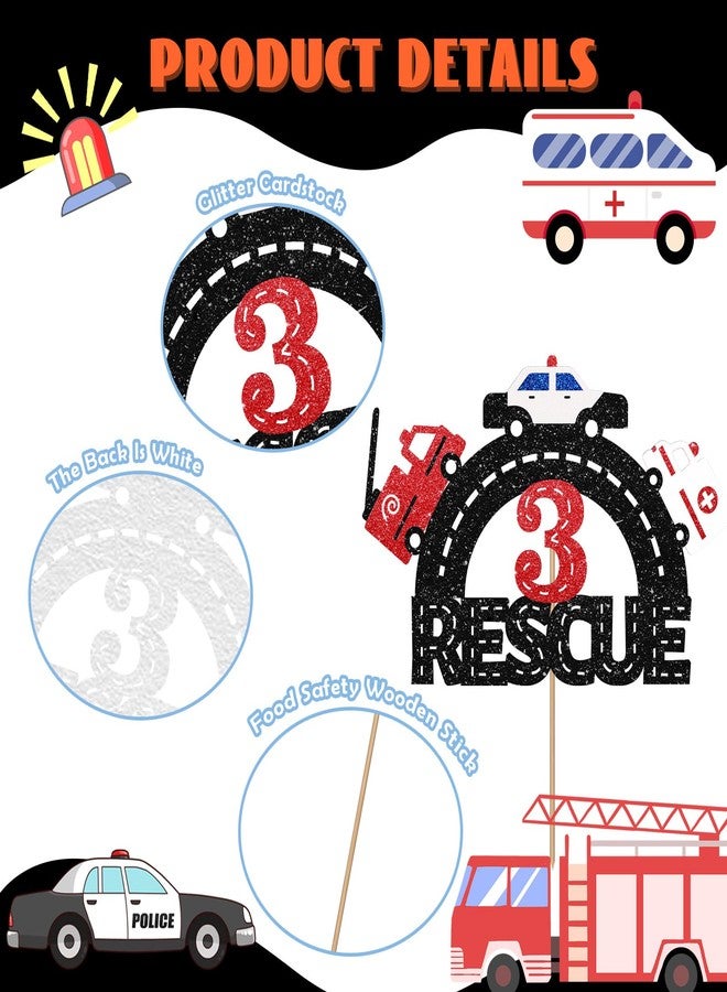 SUPERLUBY Emergency Vehicle 3rd Birthday Cake Topper, Rescue Vehicle Three Cake Topper for Boy, Fire Truck Police 3 Years Old Birthday Cake Decor, Vehicle Car 3rd Anniversary Party Decoration - Black Glitter - Image 3